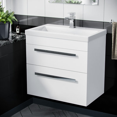 Nes Home Nanuya 600mm Gloss White Wall Hung 2 Drawer Vanity Cabinet & Ceramic Basin Sink Price Comparisons | Compare The Build