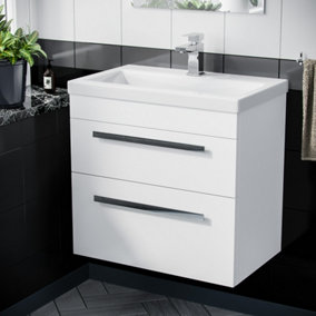 Nes Home Nanuya 600mm Gloss White Wall Hung 2 Drawer Vanity Cabinet & Ceramic Basin Sink