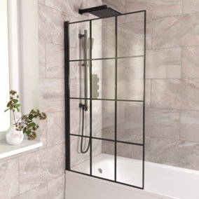 Nes Home Oaken 800mm Square Bath Screen Black Profile With Grid Glass Reversible