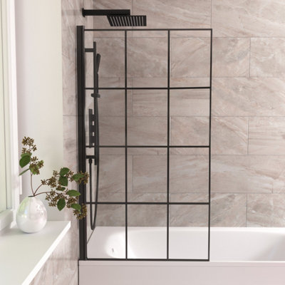 Nes Home Oaken 800mm Square Bath Screen Black Profile With Grid Glass Reversible