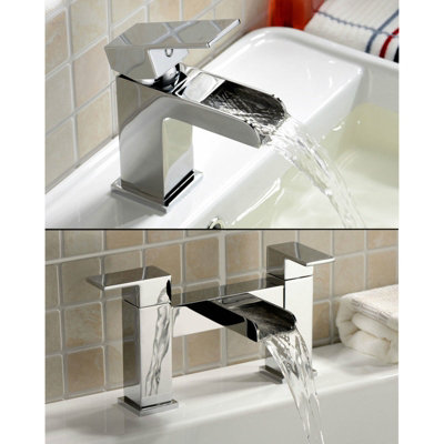 Nes Home Origin Waterfall Basin Mono Mixer Tap, Bath Filler Tap & Waste Chrome