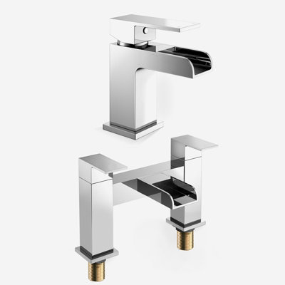 Nes Home Ozone Modern Set Of Waterfall Basin Mono Mixer Tap & Bridge Deck Mounted Bath Filler Tap + Waste