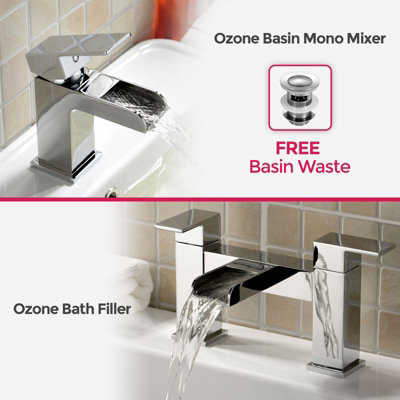 Nes Home Ozone Modern Set Of Waterfall Basin Mono Mixer Tap & Bridge Deck Mounted Bath Filler Tap + Waste