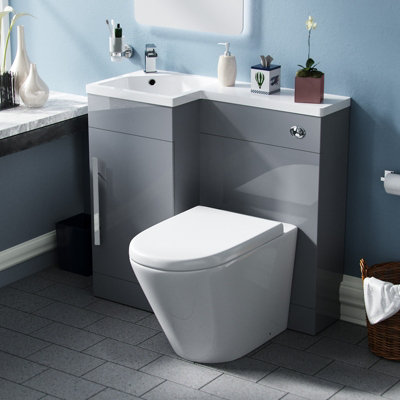 Nes Home Raven Left Hand 900mm Flat Pack Vanity Basin Unit, WC Unit & Ellis UF Back to Wall Toilet Grey