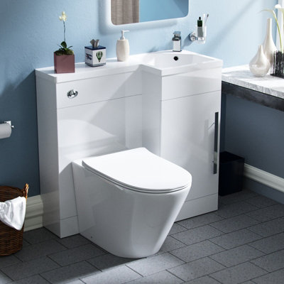 Nes Home Raven Right Hand 900mm Flat Pack Vanity Basin Unit, WC Unit & Ellis UF Back to Wall Toilet White