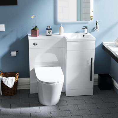 Nes Home Raven Right Hand 900mm Flat Pack Vanity Basin Unit, WC Unit & Ellis UF Back to Wall Toilet White