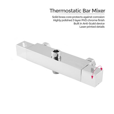 Nes Home Regent Square Thermostatic Bar Mixer Exposed Shower Valve G 1/2" Bottom Outlet Chrome