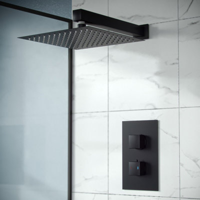 Nes Home Rennes Concealed Thermostatic Overhead 200mm Square Rainfall Shower Mixer Set Matte Black