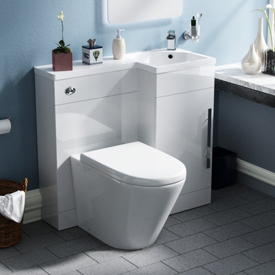 Nes Home Revune Right Hand Back To Wall Toilet, WC Unit & Resin Basin White Flat Pack