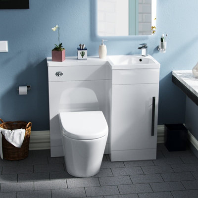 Nes Home Revune Right Hand Back To Wall Toilet, WC Unit & Resin Basin White Flat Pack