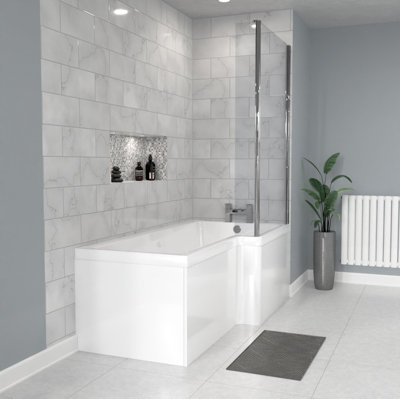 Nes Home Right Hand L Shaped Shower Bath With Front Panel & Hinged Shower Screen