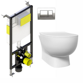 Nes Home Rimless D Shape Wall Hung Toilet Pan with Soft Close Seat & Wall Frame