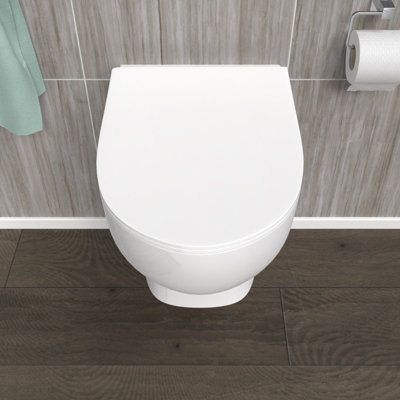Nes Home Rimless D Shaped Wall Hung Toilet Pan with Soft Close Toilet Seat White
