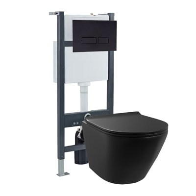 Nes Home Rimless Round Wall Hung Toilet, Cistern Frame, Flush Plate Matte Black