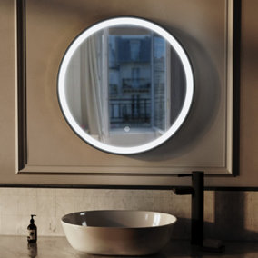 Nes Home Round Demist LED Bathroom Mirror Touch Sensor Matte Black 600mm