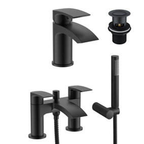 Nes Home Round Matte Black Waterfall Basin Mixer and Bath Mixer Taps with Waste