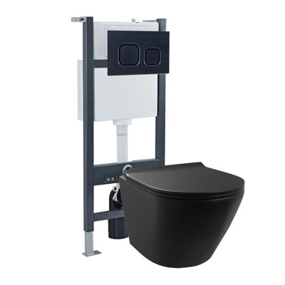 Nes Home Round Rimless Wall Hung Toilet, Cistern Frame, Flush Plate Matte Black