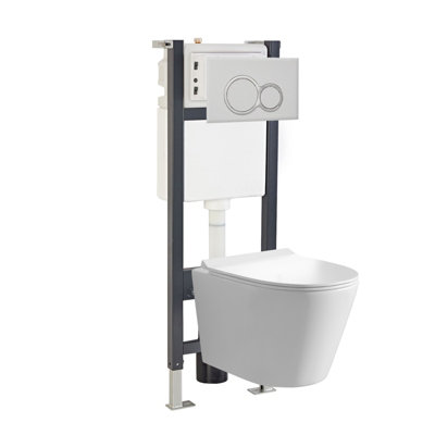 Nes Home Round White Wall Hung Toilet With Frame & Round Button Flush Plate