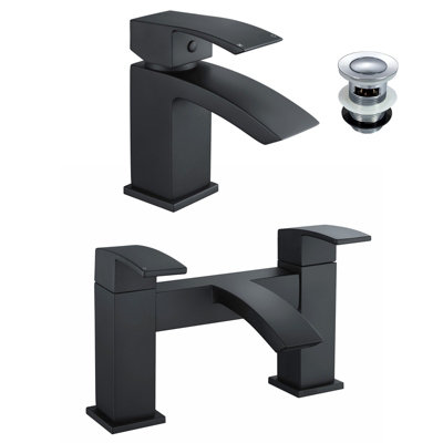 Nes Home Seirra Waterfall Bath Filler & Basin Mixer Taps & Waste Matte Black