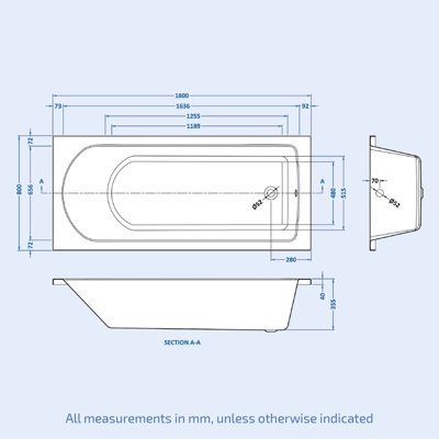 Nes Home Single 1800mm White Ended Rectangular Bath 1800mm x 800mm - Acrylic