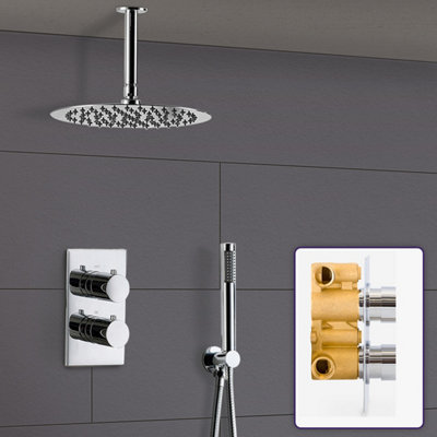 Nes Home Slim 2 Dial 2 Way Concealed Shower Mixer Valve Round Ceiling Head