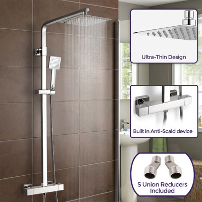 Nes Home Sqaure Exposed Thermostatic Kit, Ultra Thin Head Shower Mixer, handheld With Slide Rail Set Chrome