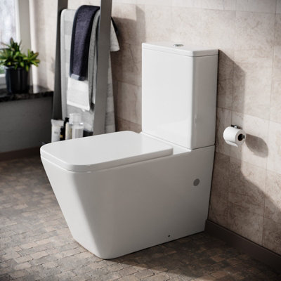Nes Home Square Rimless Close Coupled Toilet, Cistern And Soft Close Toilet Seat