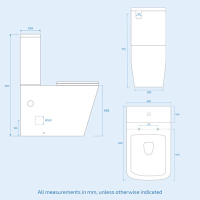 Nes Home Square Rimless Close Coupled Toilet, Cistern And Soft Close Toilet Seat