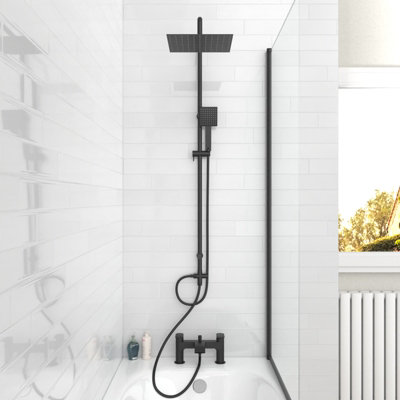 Nes Home Square Shower Bath Mixer Tap, Handset & Riser Rail Kit Matte Black
