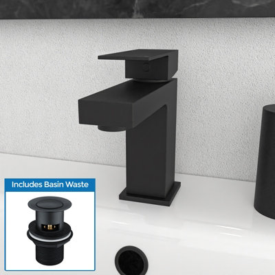 Nes Home Square Single Lever Bathroom Matte Black Basin Mono Mixer Tap & Waste