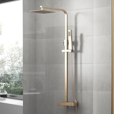 Nes Home Square Twin Head Exposed Valve Thermostatic Shower Mixer Set Brushed Gold