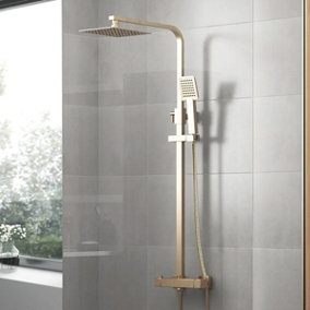 Nes Home Square Twin Head Exposed Valve Thermostatic Shower Mixer Set Brushed Gold