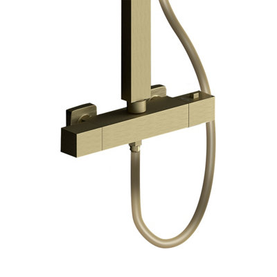 Nes Home Square Twin Head Exposed Valve Thermostatic Shower Mixer Set Brushed Gold - 3