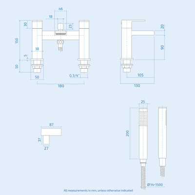 Nes Home Square Waterfall Bath Shower Mixer Tap with Handset Kit Chrome - 6