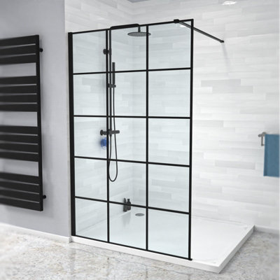 Nes Home Stanley 1200mm Black Grid Framed Walk-In Shower Enclosure with Support Bar