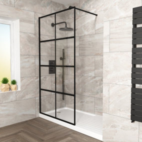 Nes Home Stanley 1200mm Black Grid Framed Walk-In Shower Enclosure with Support Bar