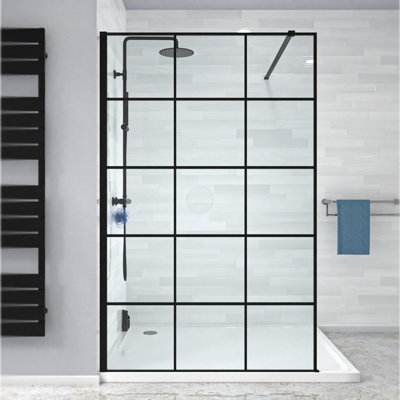 Nes Home Stanley 1200mm Black Grid Framed Walk-In Shower Enclosure with Support Bar