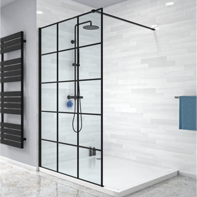 Nes Home Stanley 1200mm Black Grid Framed Walk-In Shower Enclosure with Support Bar - 3