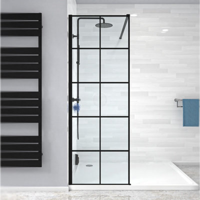 Nes Home Stanley 700 Black Grid Framed Walk-In Shower Enclosure & Support Bar