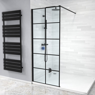 Nes Home Stanley 800mm Black Grid Framed Walk-In Shower Enclosure with Support Bar