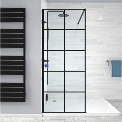 Nes Home Stanley 800mm Black Grid Framed Walk-In Shower Enclosure with Support Bar