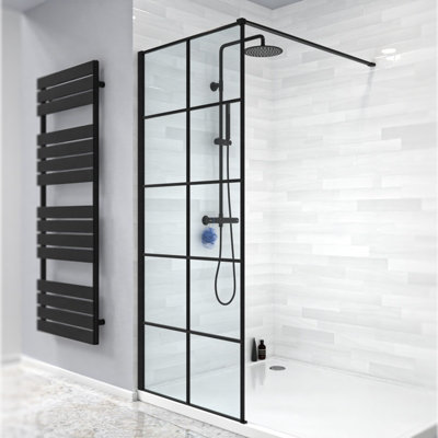 Nes Home Stanley 800mm Black Grid Framed Walk-In Shower Enclosure with Support Bar - 3