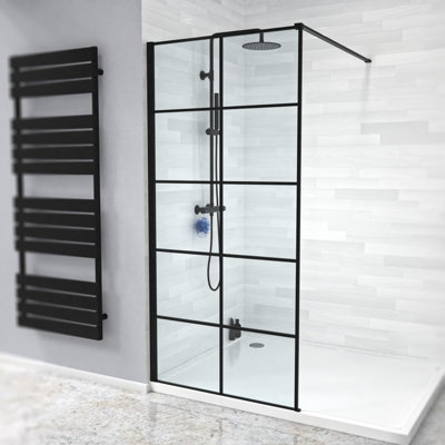 Nes Home Stanley 900mm Black Grid Framed Walk-In Shower Enclosure with Support Bar