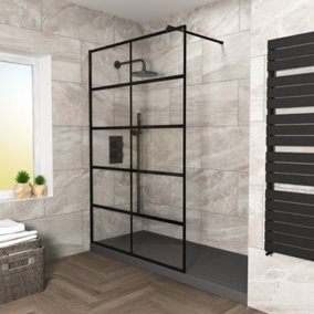 Nes Home Stanley 900mm Black Grid Framed Walk-In Shower Enclosure with Support Bar