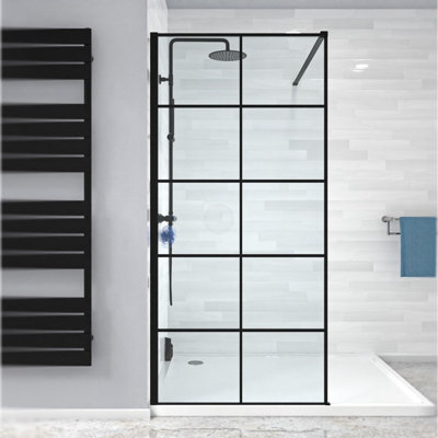 Nes Home Stanley 900mm Black Grid Framed Walk-In Shower Enclosure with Support Bar