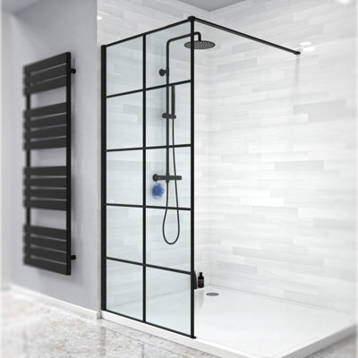 Nes Home Stanley 900mm Black Grid Framed Walk-In Shower Enclosure with Support Bar - 3
