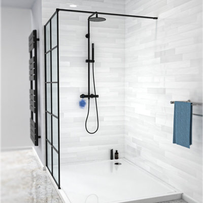 Nes Home Stanley 900mm Black Grid Framed Walk-In Shower Enclosure with Support Bar - 4