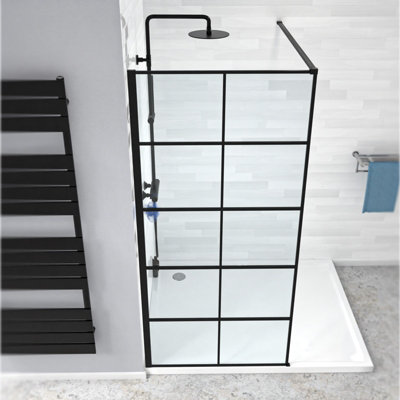 Nes Home Stanley 900mm Black Grid Framed Walk-In Shower Enclosure with Support Bar - 5
