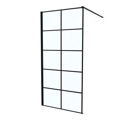 Nes Home Stanley 900mm Black Grid Framed Walk-In Shower Enclosure with Support Bar - 6