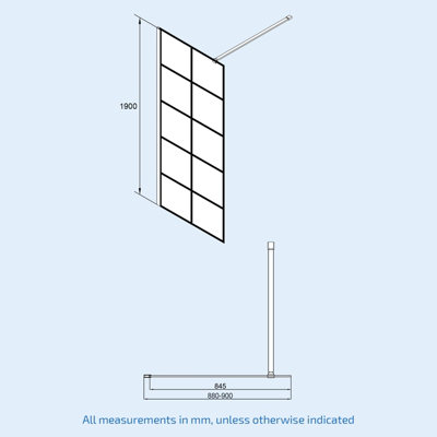 Nes Home Stanley 900mm Black Grid Framed Walk-In Shower Enclosure with Support Bar - 7